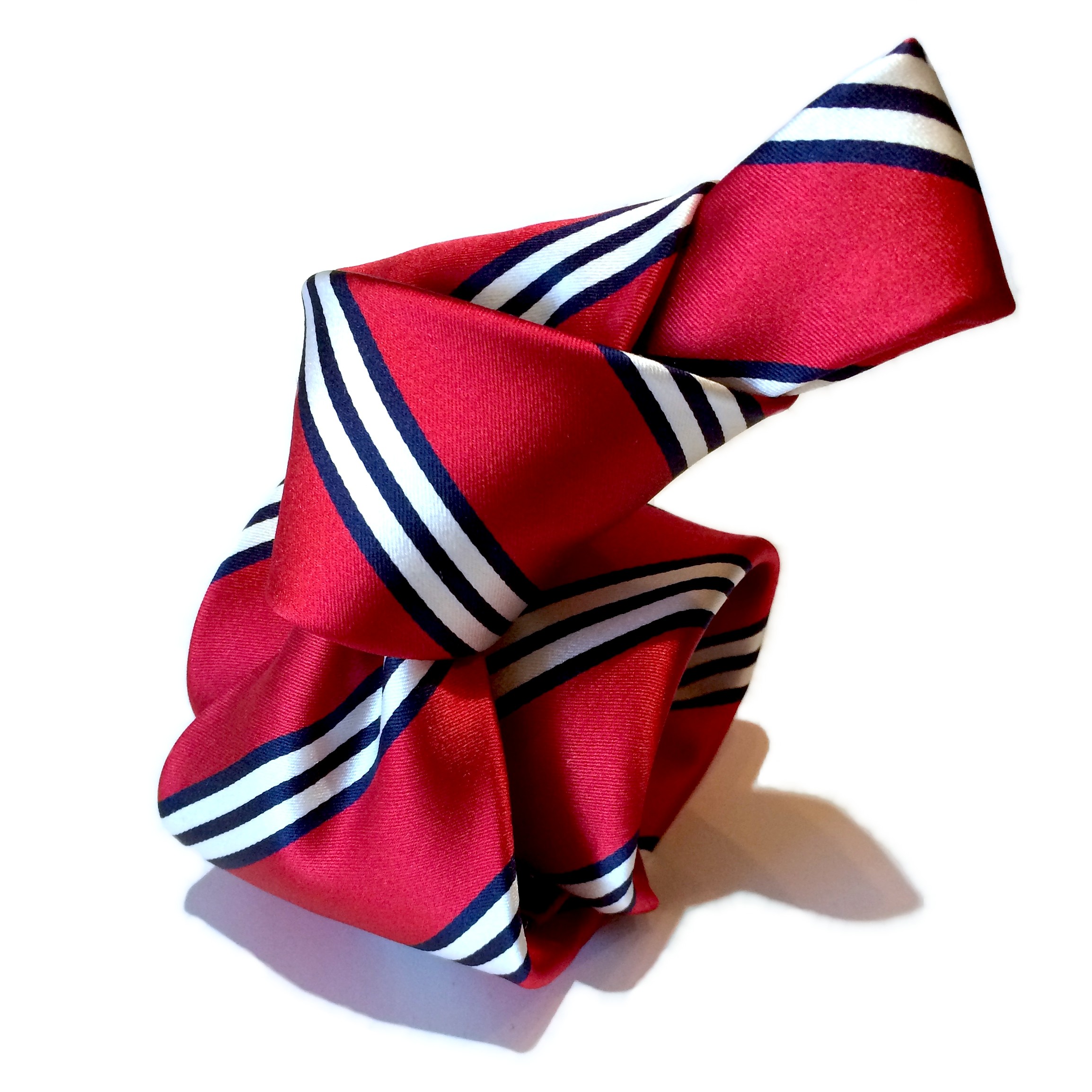 Ted McKenzie-Custom Bespoke Italian Silk Necktie Fabric-Scarlet Red, Navy, White Diagonal Stripe.